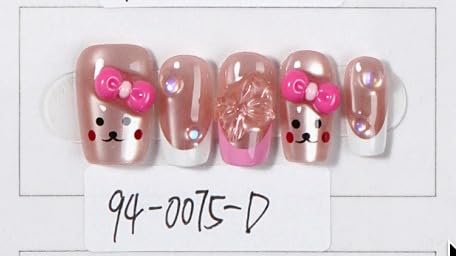 Press-on Nails, Pink Bear Design with Bows, Cute Animal Theme