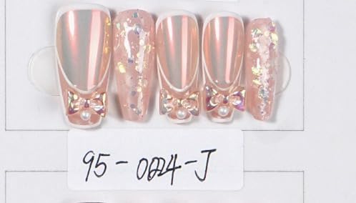 Sixaloa Cosmetics Press on Nails, Rose Gold Chrome with Glitter and Rhinestone Accents, False Nail Set