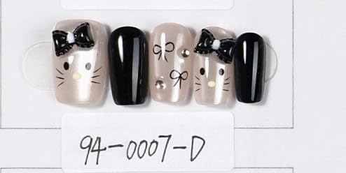 Press-On Nails with Cat Design and Bows, Black and Beige, 5 Pieces