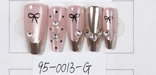 Press on Nails, Pink with Rhinestones and Bow Design, Chrome Ombre Finish