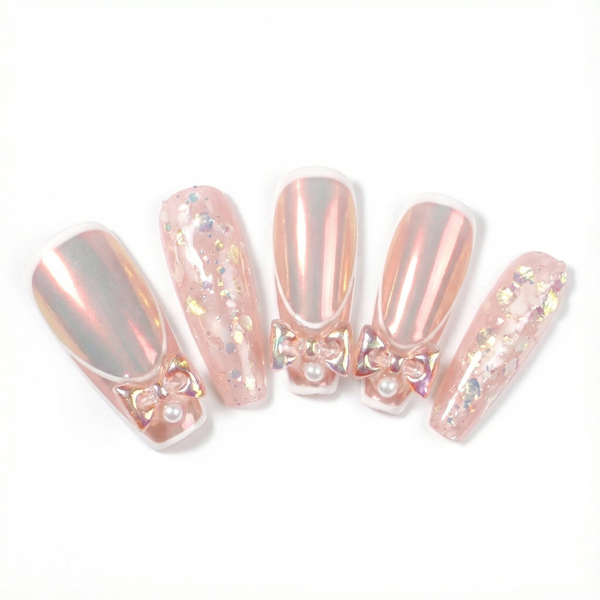 Pink chrome coffin press-on nails with gold holographic foil flakes and bow accents - main product image