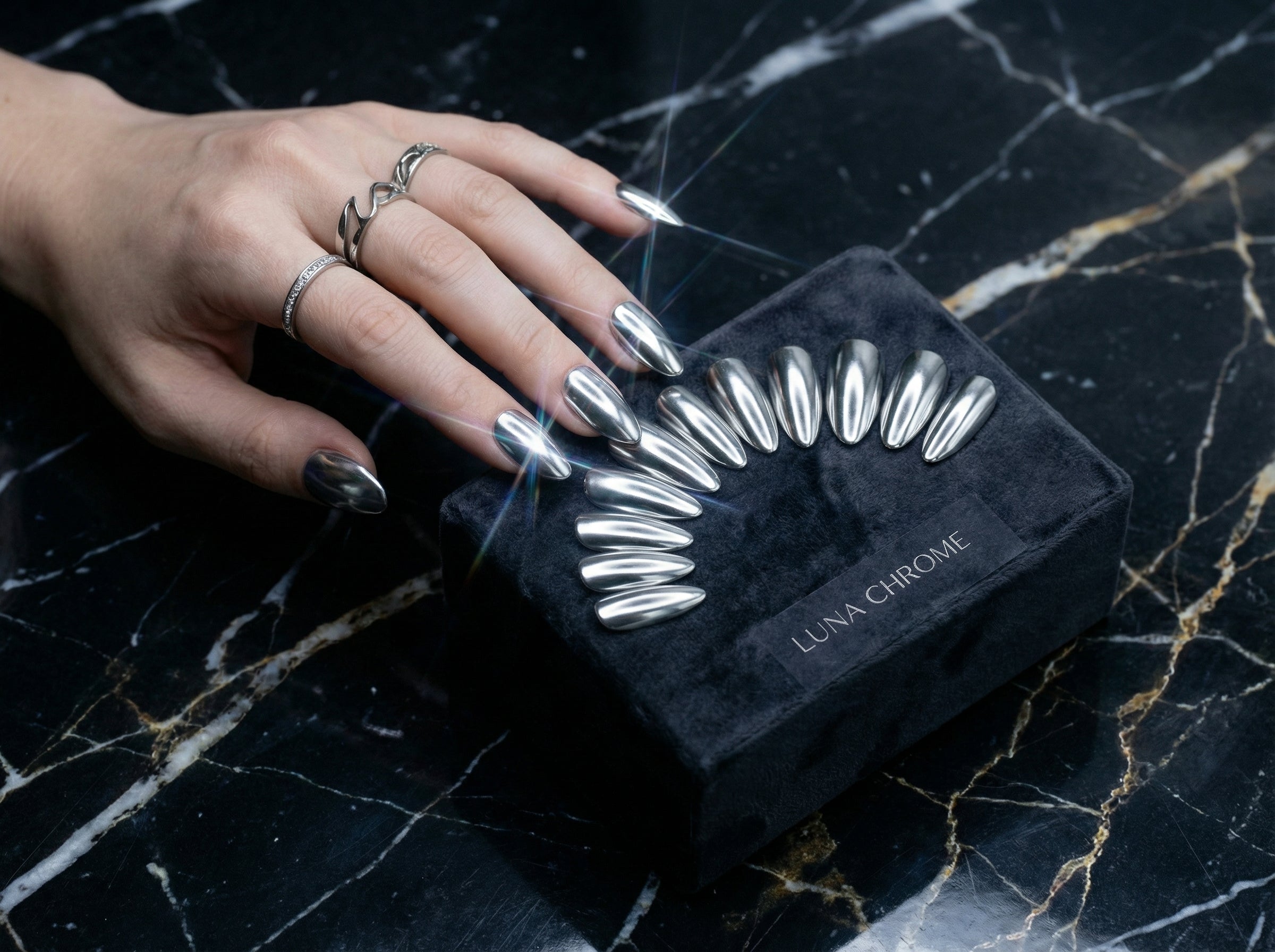 Mirror Chrome Silver press-on nails - marble surface lifestyle