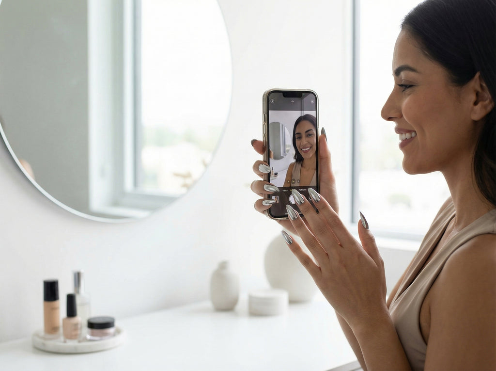 Model wearing Mirror Chrome Silver press-on nails
