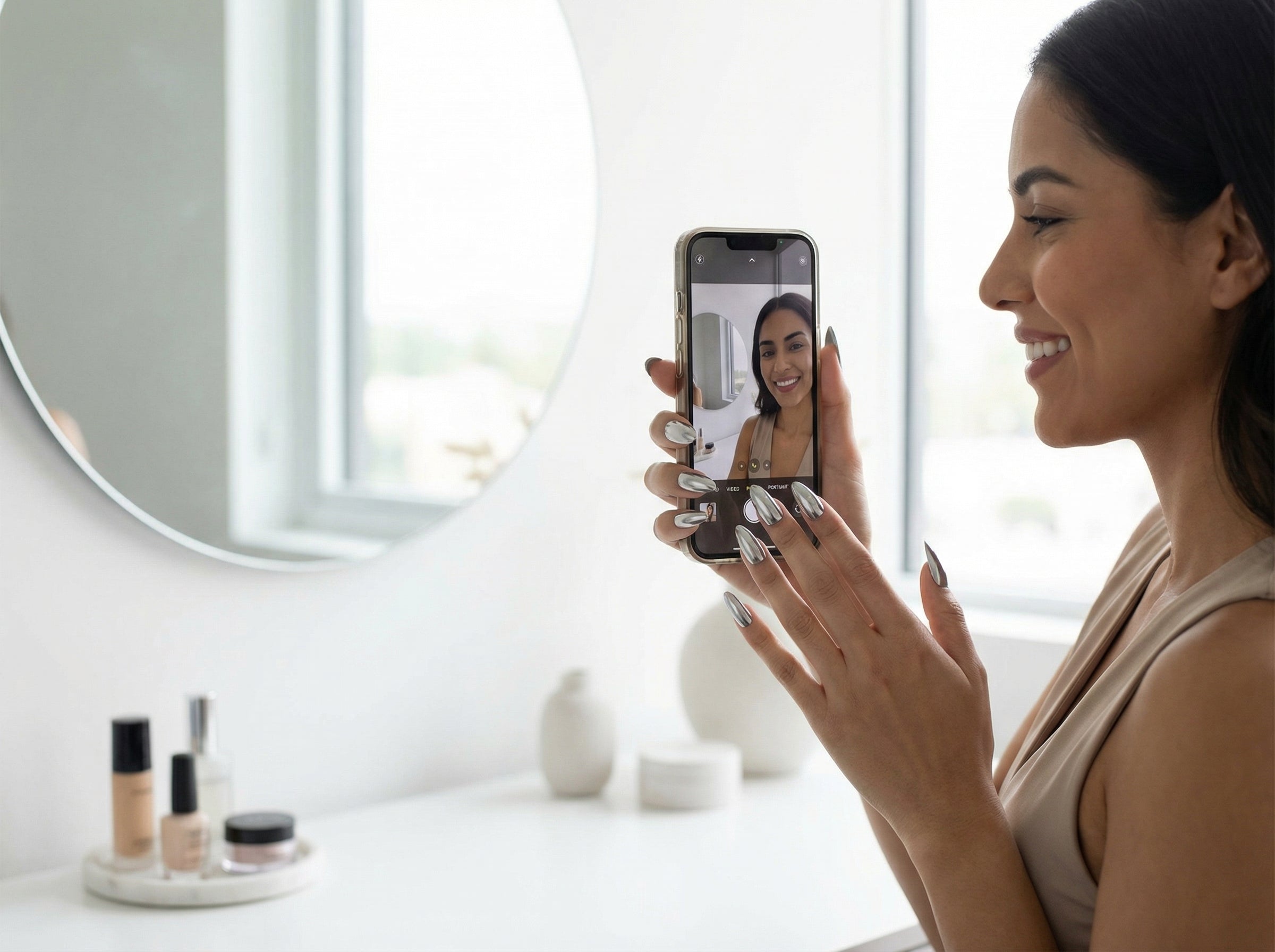 Model wearing Mirror Chrome Silver press-on nails