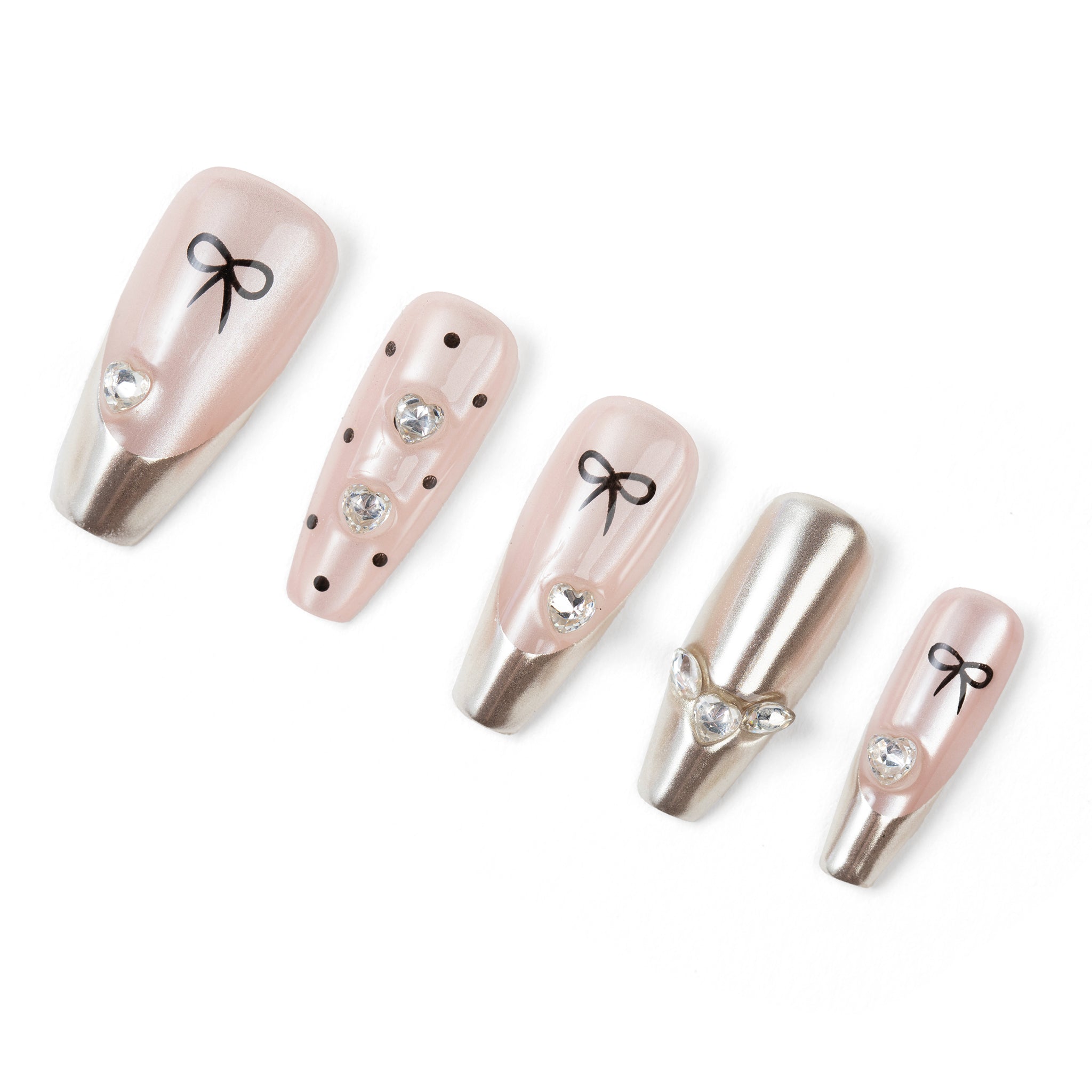 Sixaloa Cosmetics coquette bow press-on nails - set of five nude pink coffin nails with chrome silver french tips, black bows and rhinestone accents