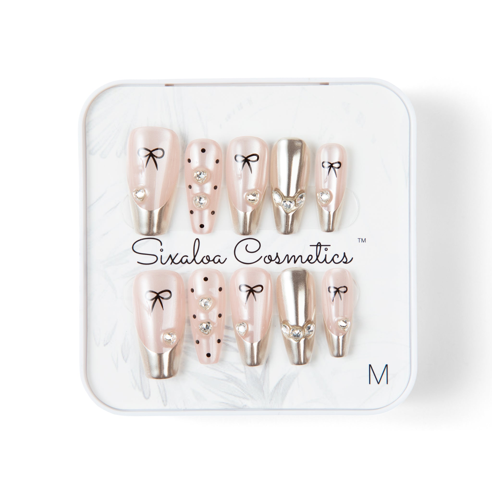 Sixaloa Cosmetics coquette bow press-on nails in tin marked size M (medium)