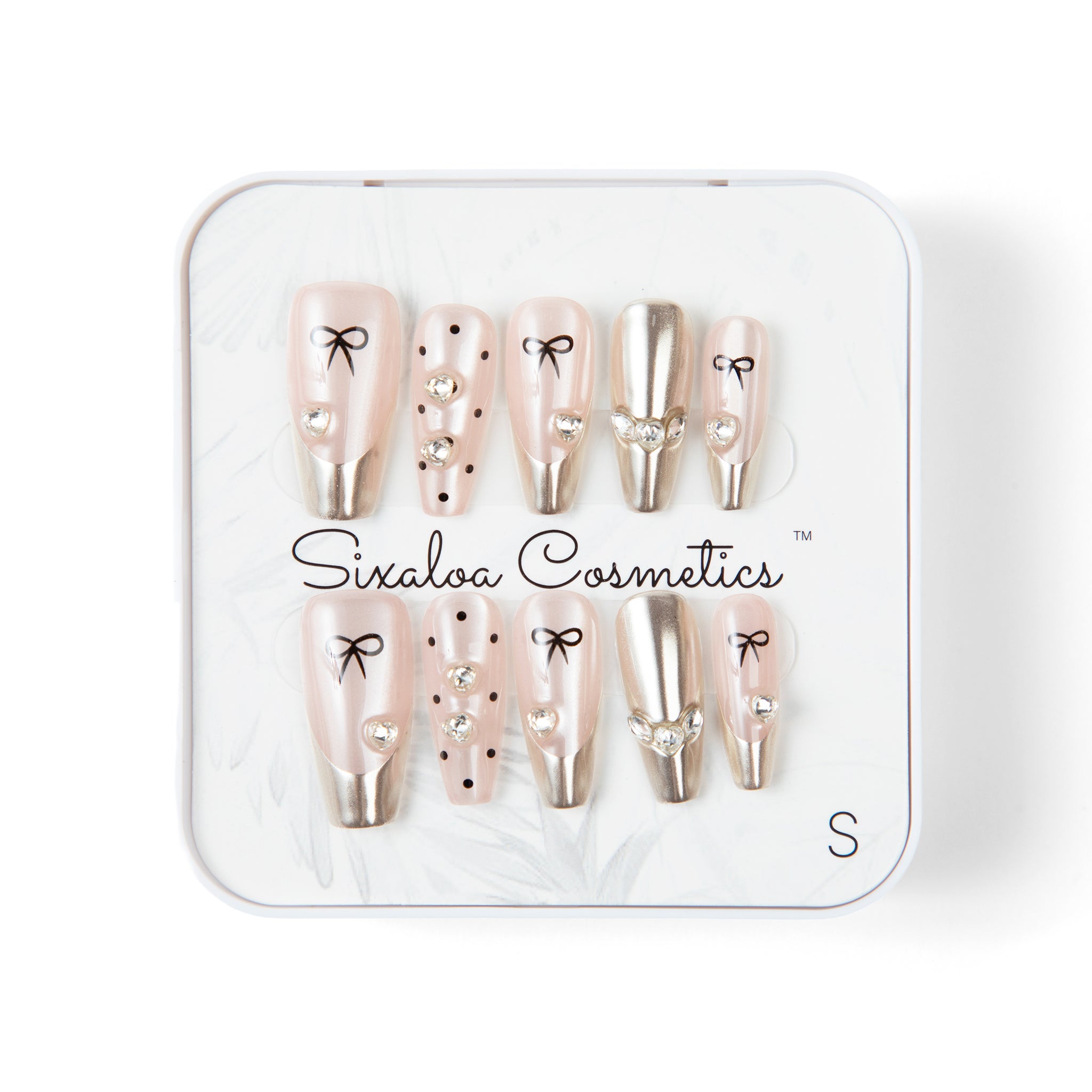 Sixaloa Cosmetics coquette bow press-on nails in tin marked size S (small)