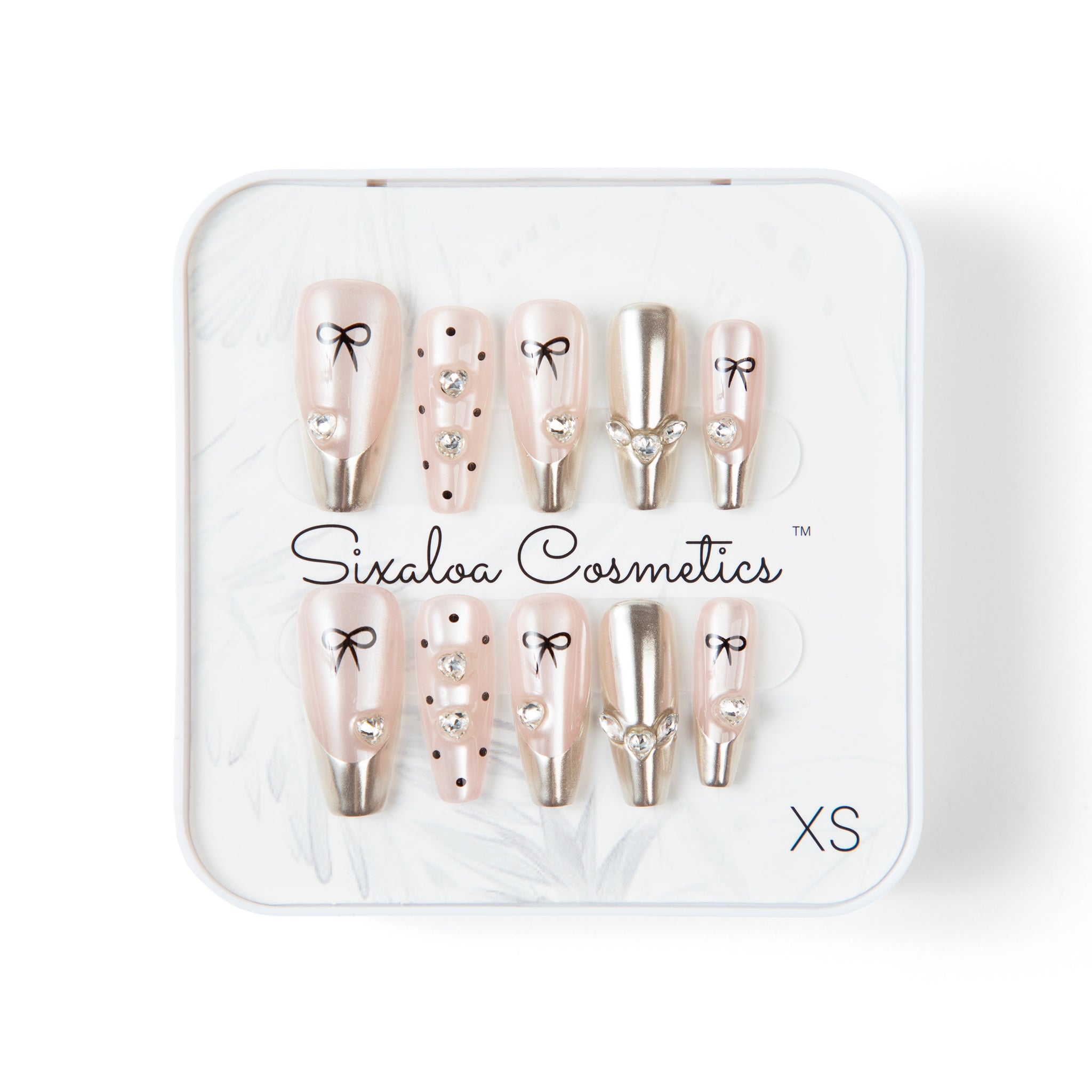 Sixaloa Cosmetics coquette bow press-on nails in tin marked size XS (extra small)