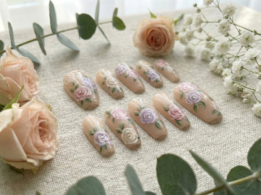 Delicate Floral Garden press-on nails detail shot