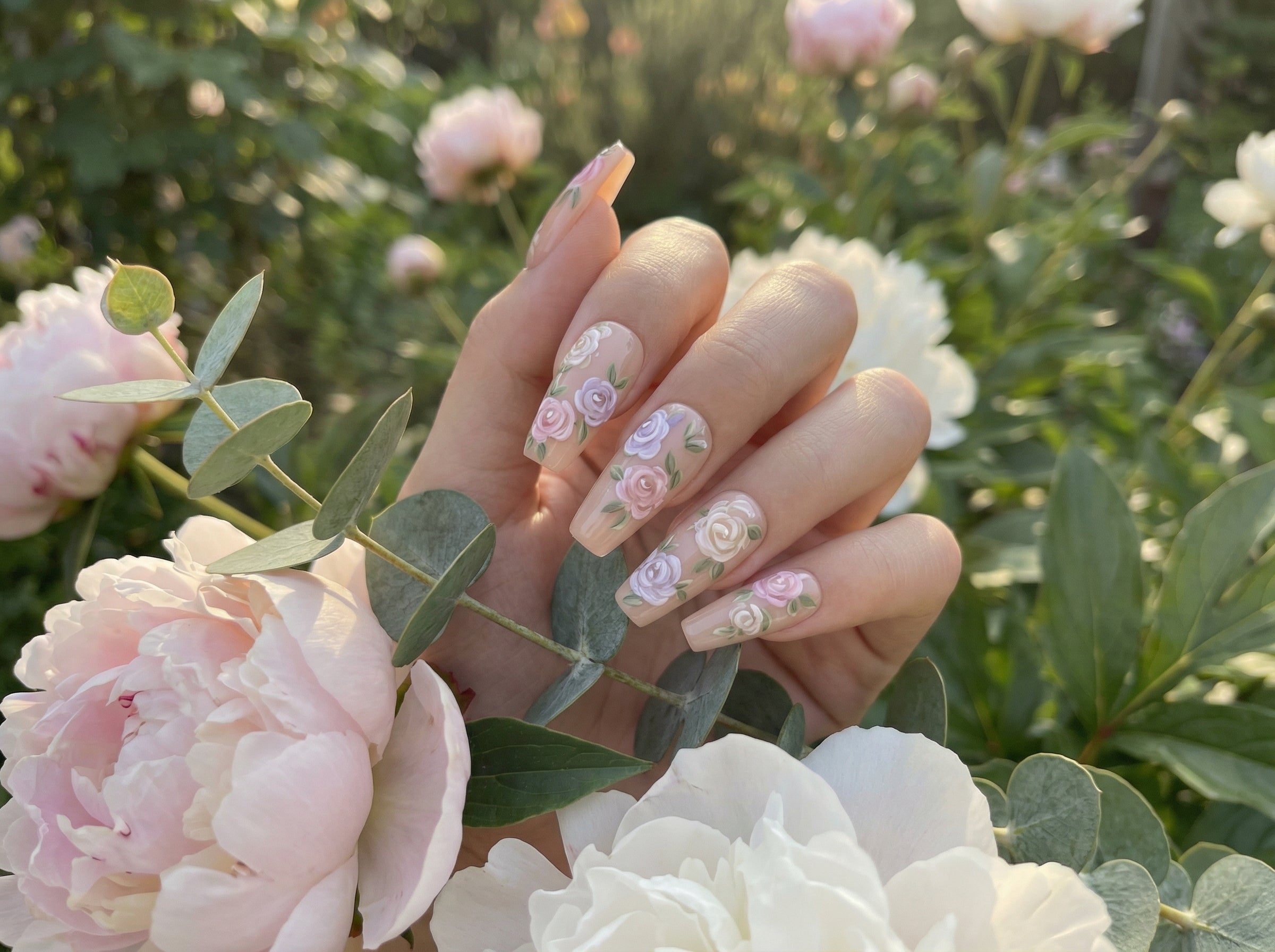 Delicate Floral Garden press-on nails - garden peony lifestyle