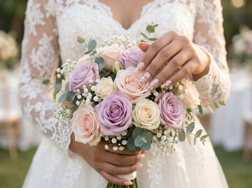 Bride wearing Delicate Floral Garden press-on nails