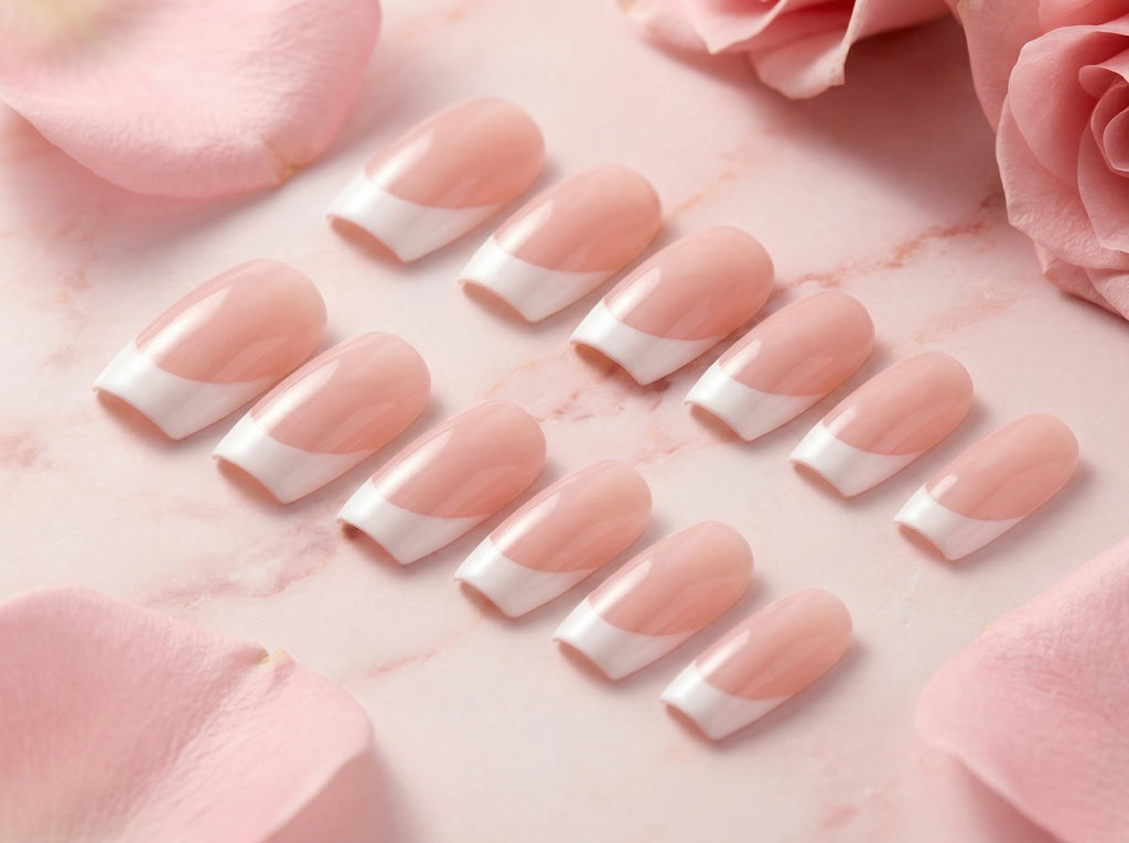 Classic French Tips press-on nails detail shot