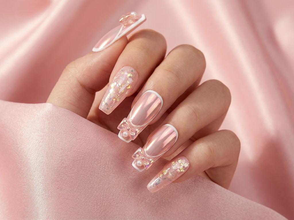 Side view of pink chrome coffin press-on nails on hand model