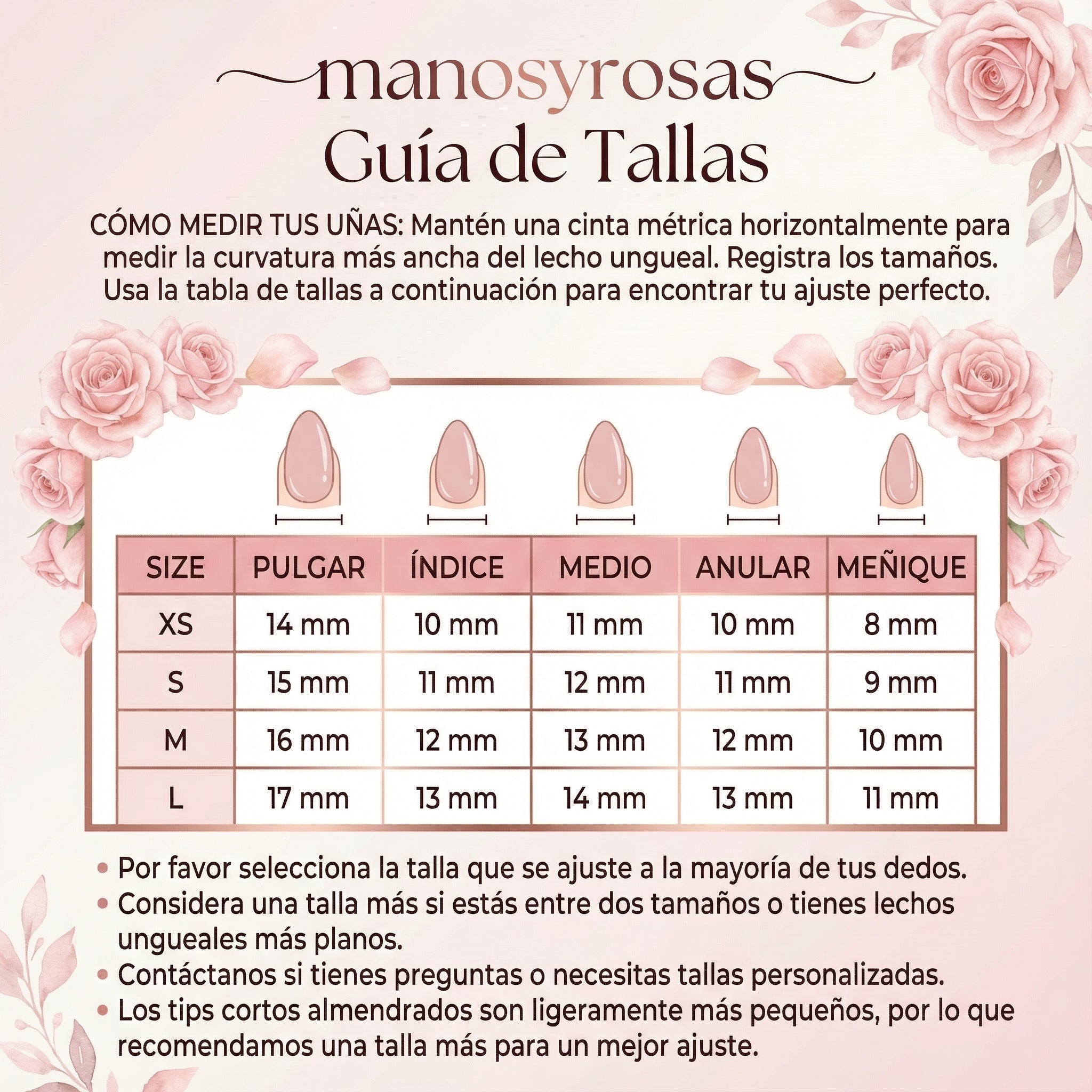 manosyrosas Size Chart - Nail Size Guide
