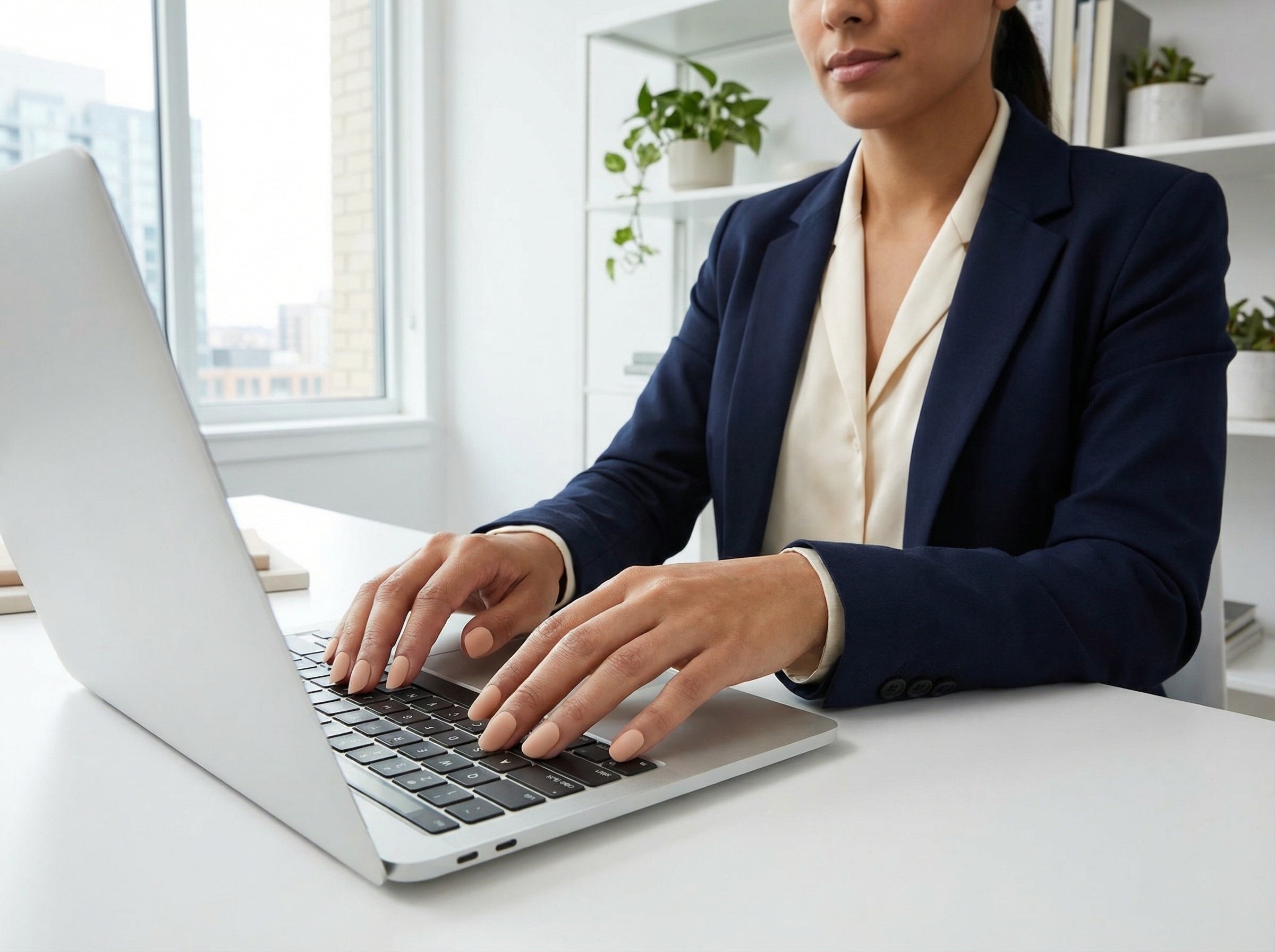 Professional woman wearing Minimalist Nude press-on nails at work
