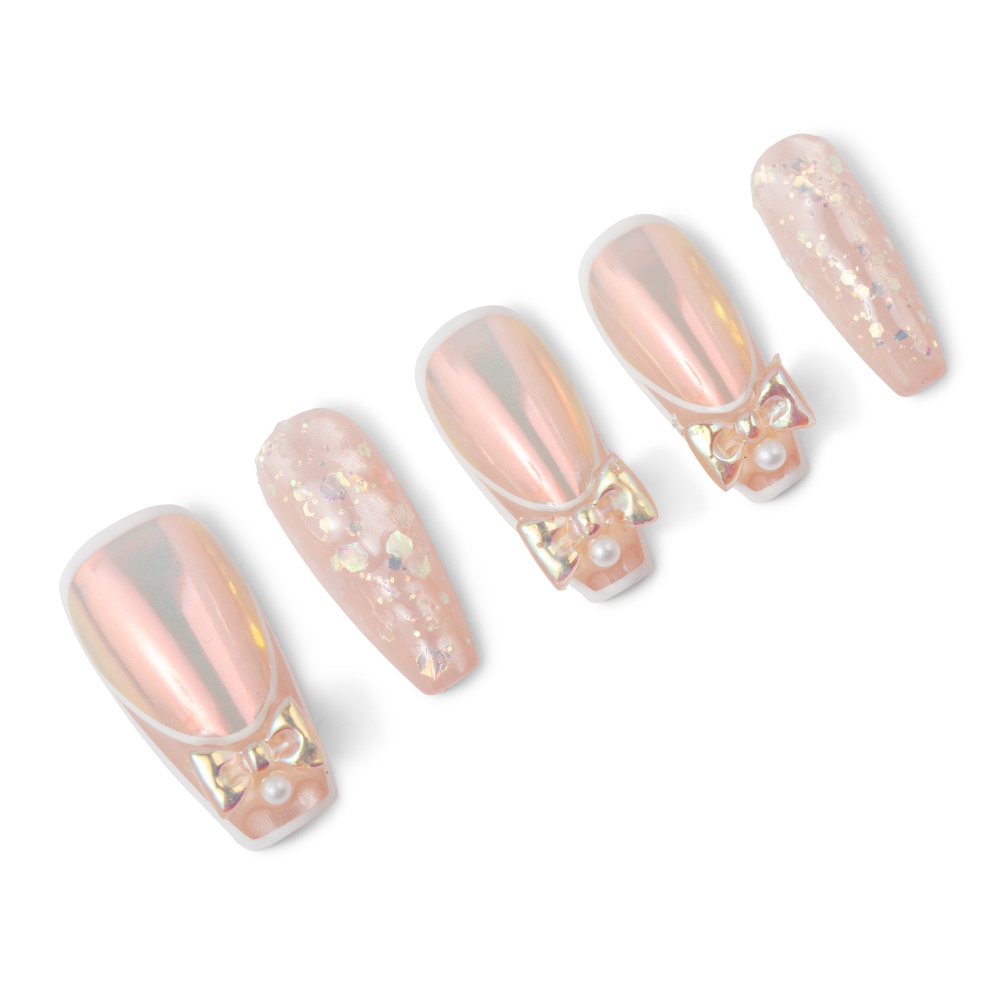 Sixaloa Cosmetics pearl bow press-on nails - hero shot of five peach chrome coffin nails in a row with gold bow and pearl charm accents on a white background