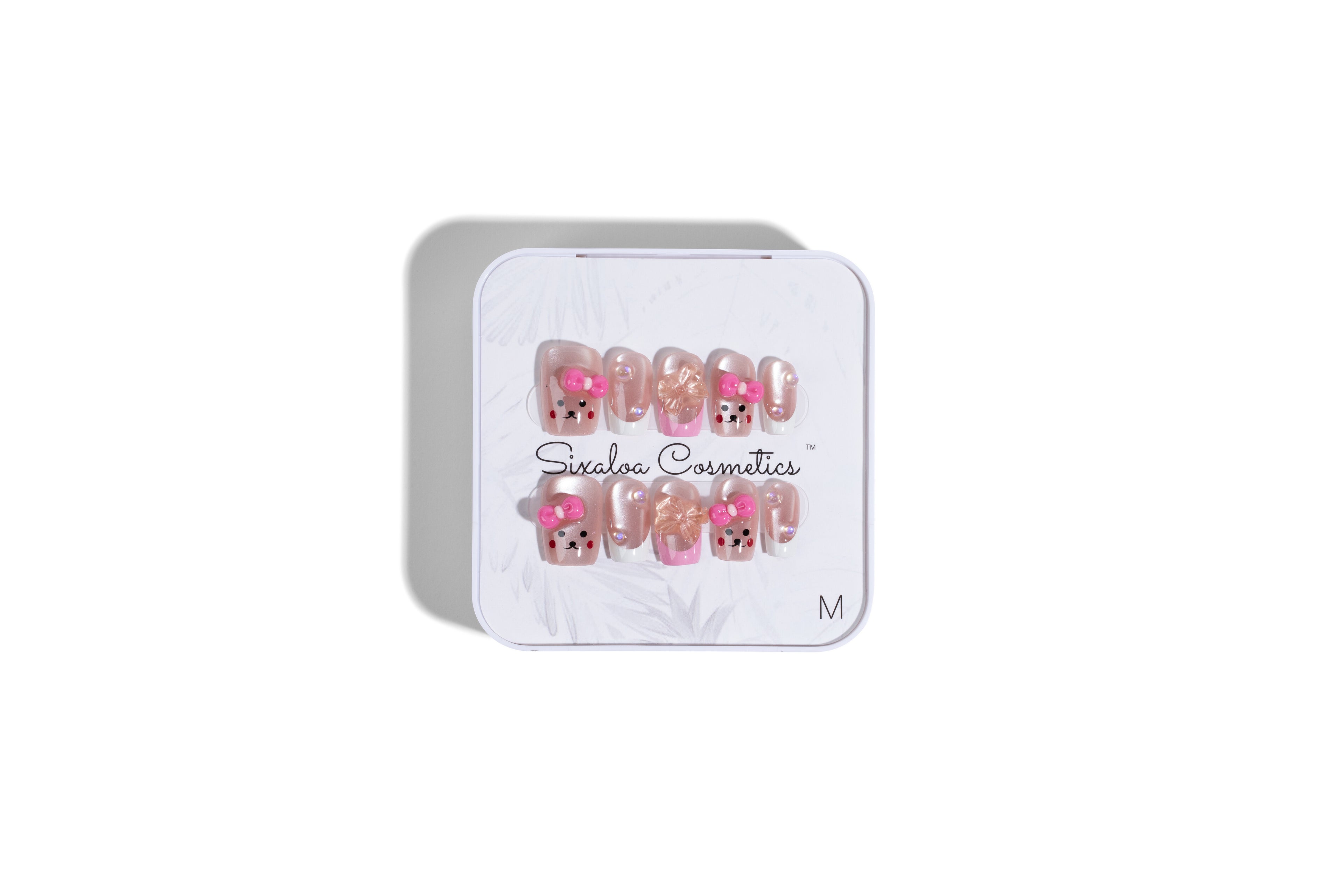 Pink bear press-on nails in packaged tin - Medium size