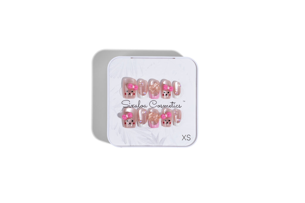 Pink bear press-on nails in packaged tin - Extra Small size