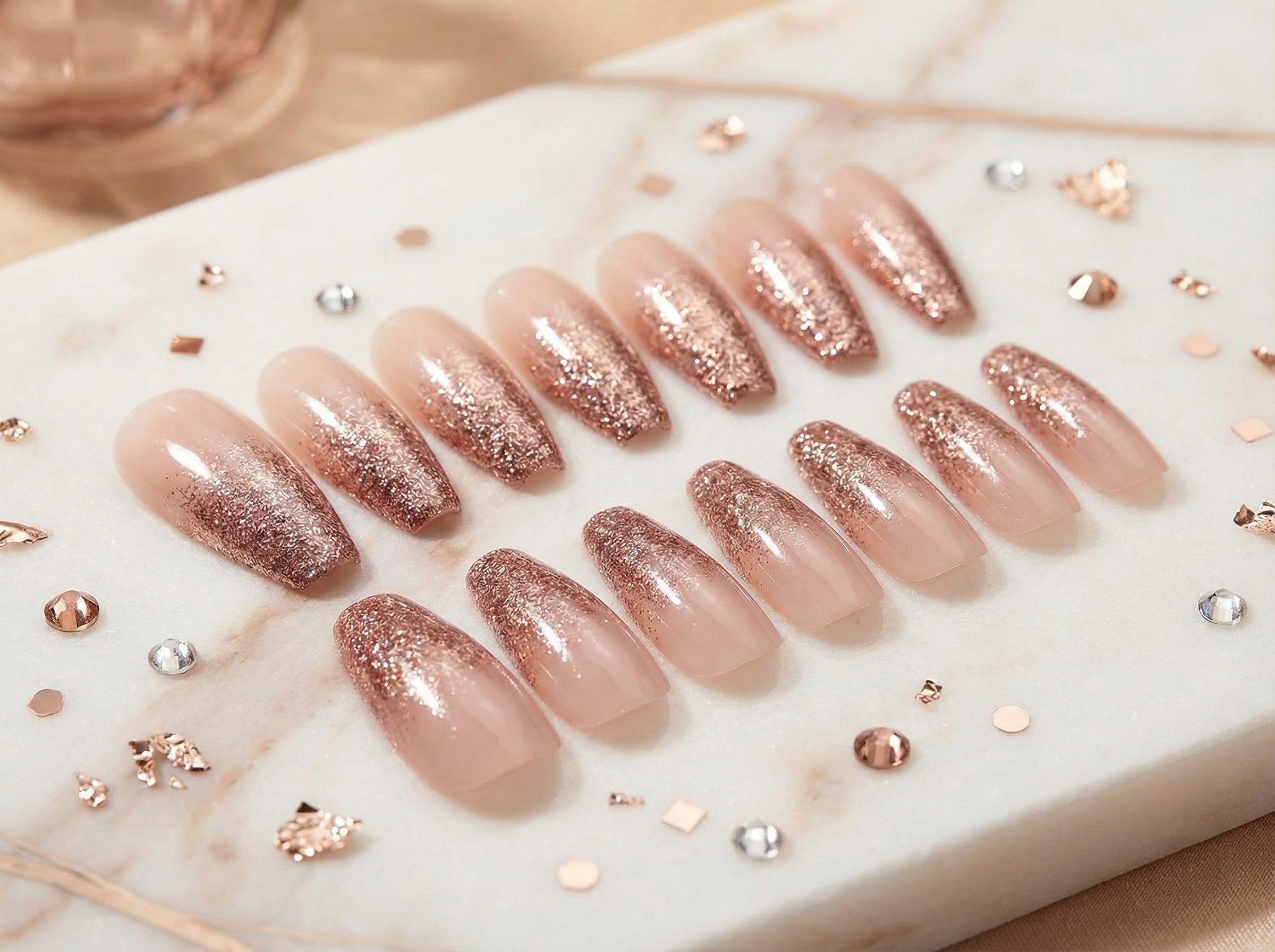 Rose Gold Glitter Ombre press-on nails detail shot