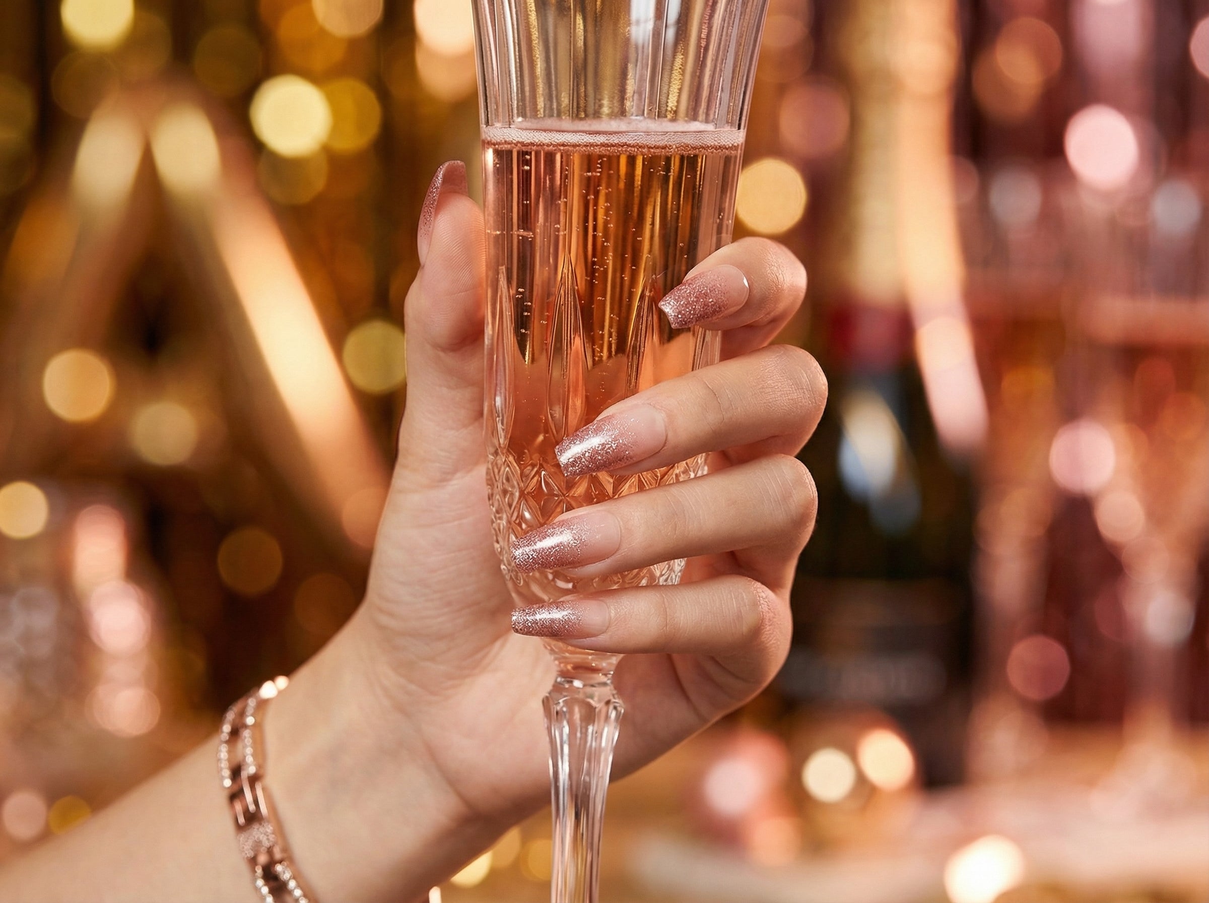 Rose Gold Glitter Ombre press-on nails - champagne toast lifestyle