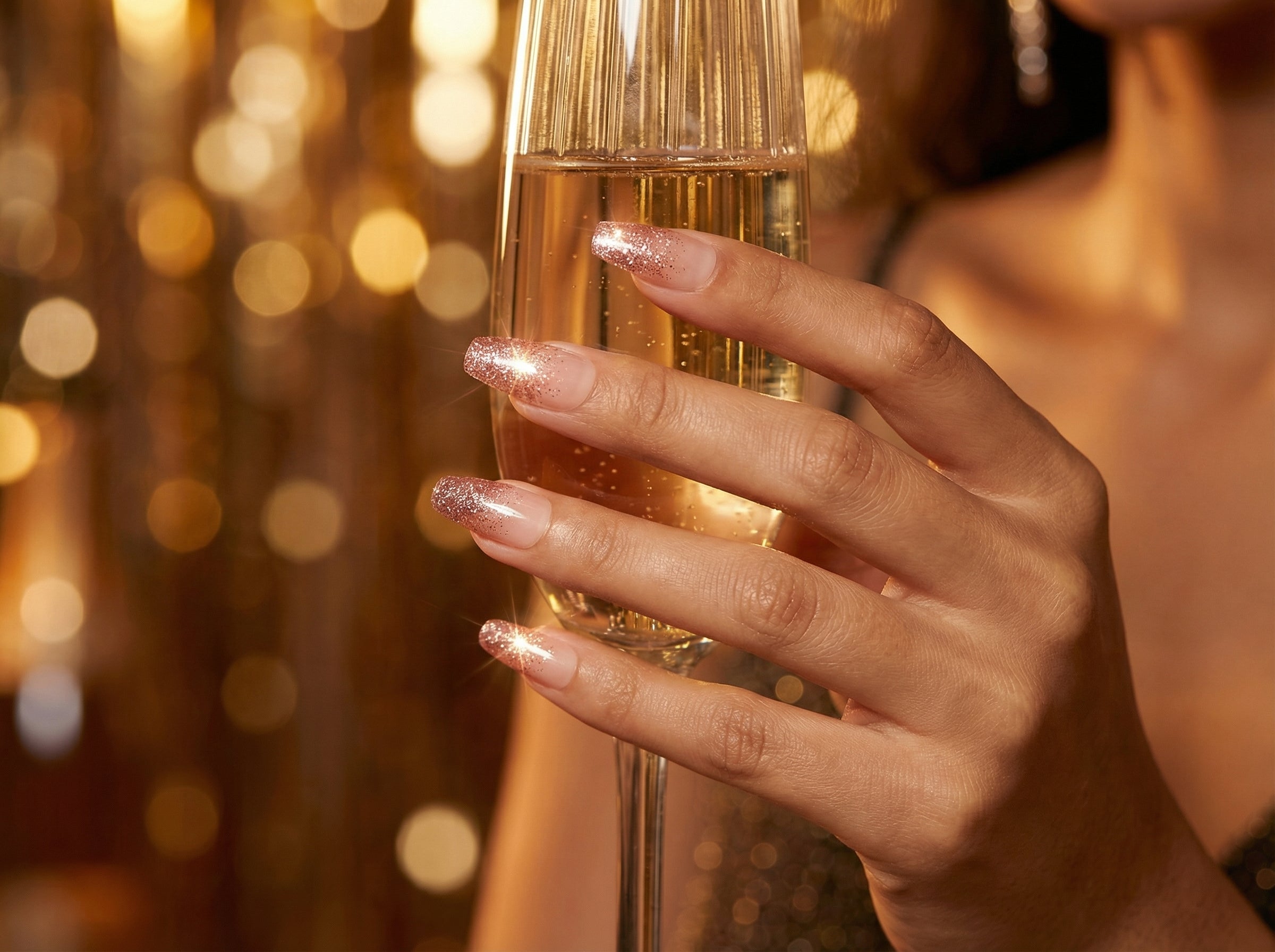 Model wearing Rose Gold Glitter Ombre press-on nails