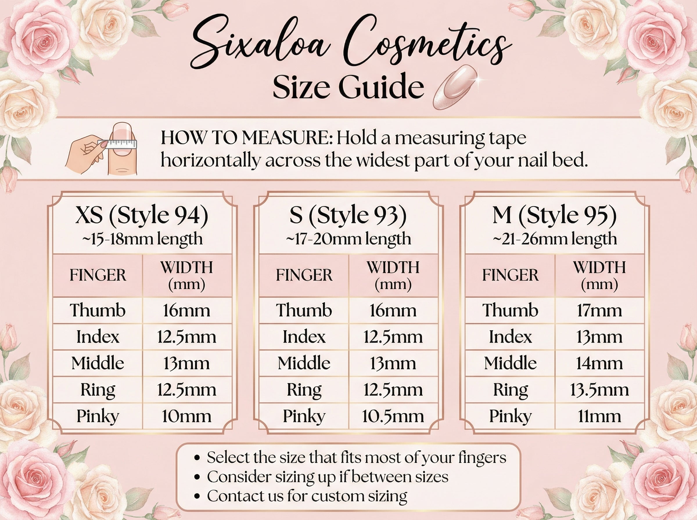 Sixaloa Cosmetics Size Guide - XS, S, M sizing chart for press-on nails