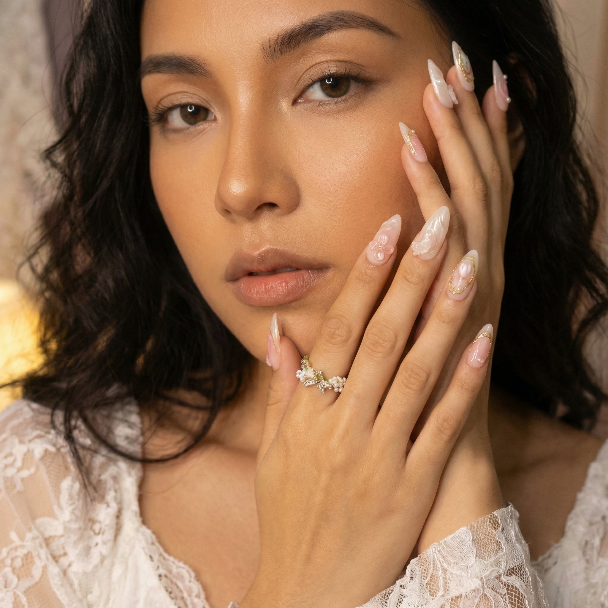 Spring Tulip Blossom press-on nails with floral design - Hispanic model